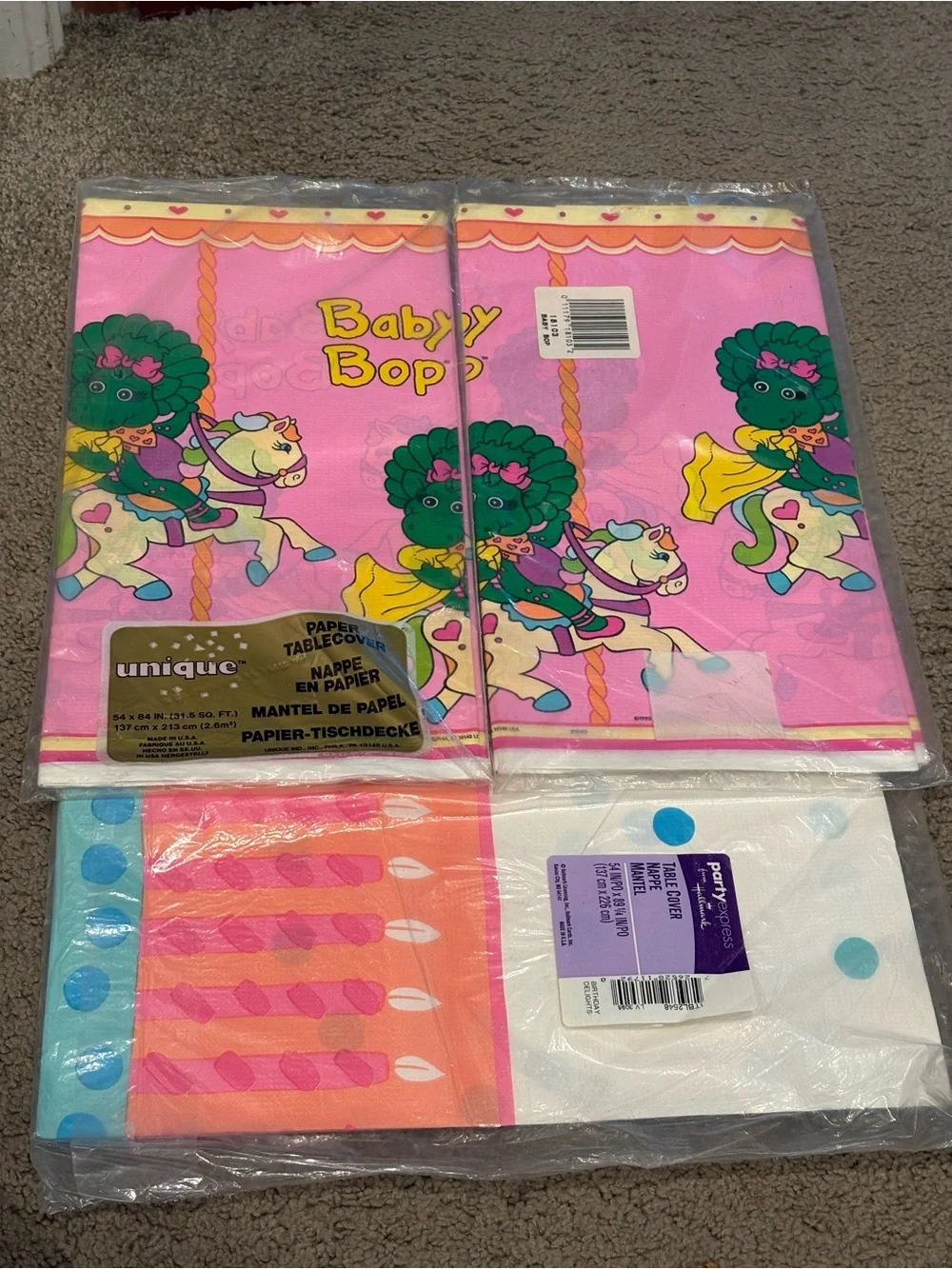 Set of 2 Vintage 1993 Barney Baby Bop Birthday Paper Table covers & Hallmark